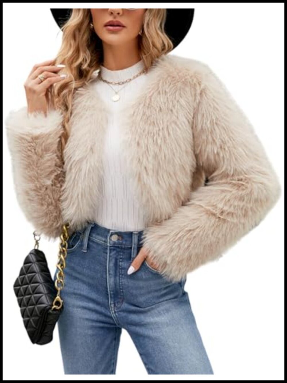 Womens Cropped Faux Fur Coat Open Front Long Sleeve Winter Jacket